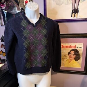 John Ashford Argyle Retro Italian Merino Wool Shrunken Cropped Sweater